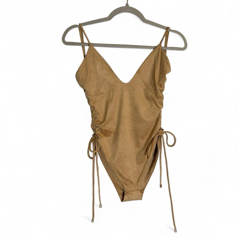 NWT Olivaceous Tan Faux Suede Side Lace Baddie Festival Party Bodysuit, Size L. - Picture 1 of 4